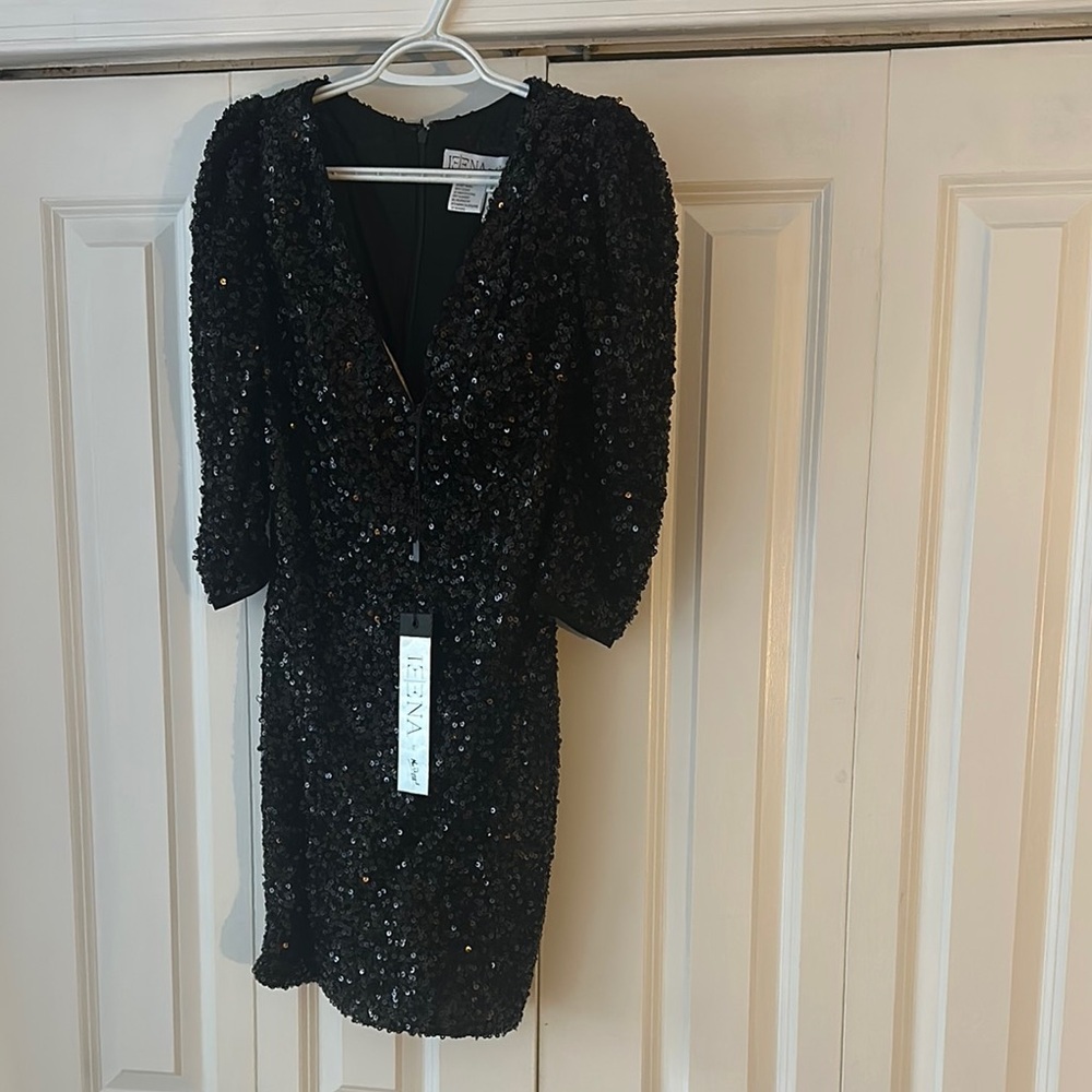 Mac Duggal Black Silver Puff Sleeve Bodycon Dress